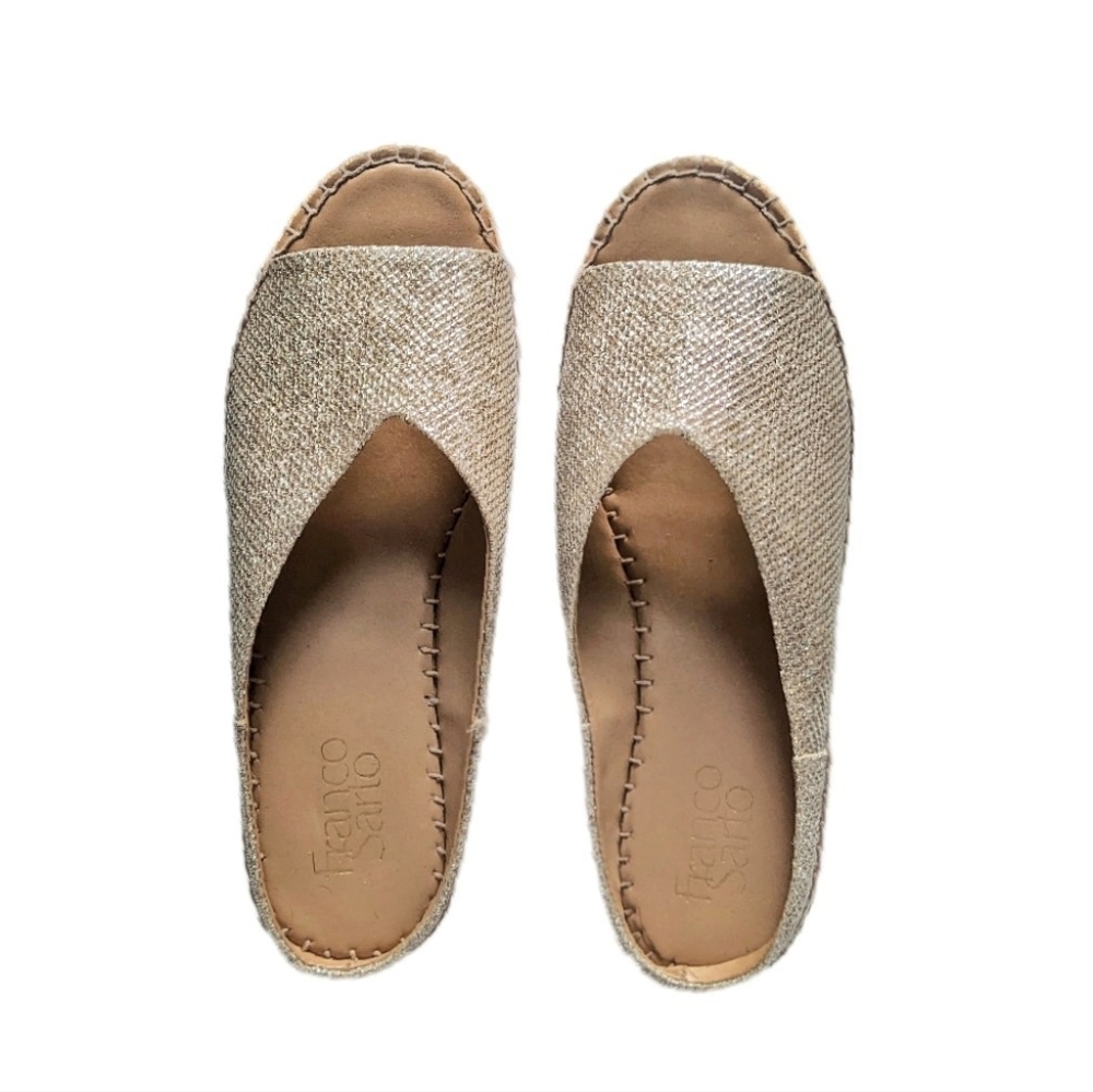 Franco Sarto Slide-On Espadrilles in Light Gold Embellished Fabric, Size 6